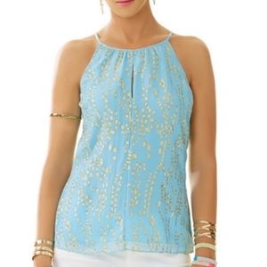 Lilly Pulitzer NWOT Del Mar Halter Top Silk Women’s Size M Sky Blue and Gold
